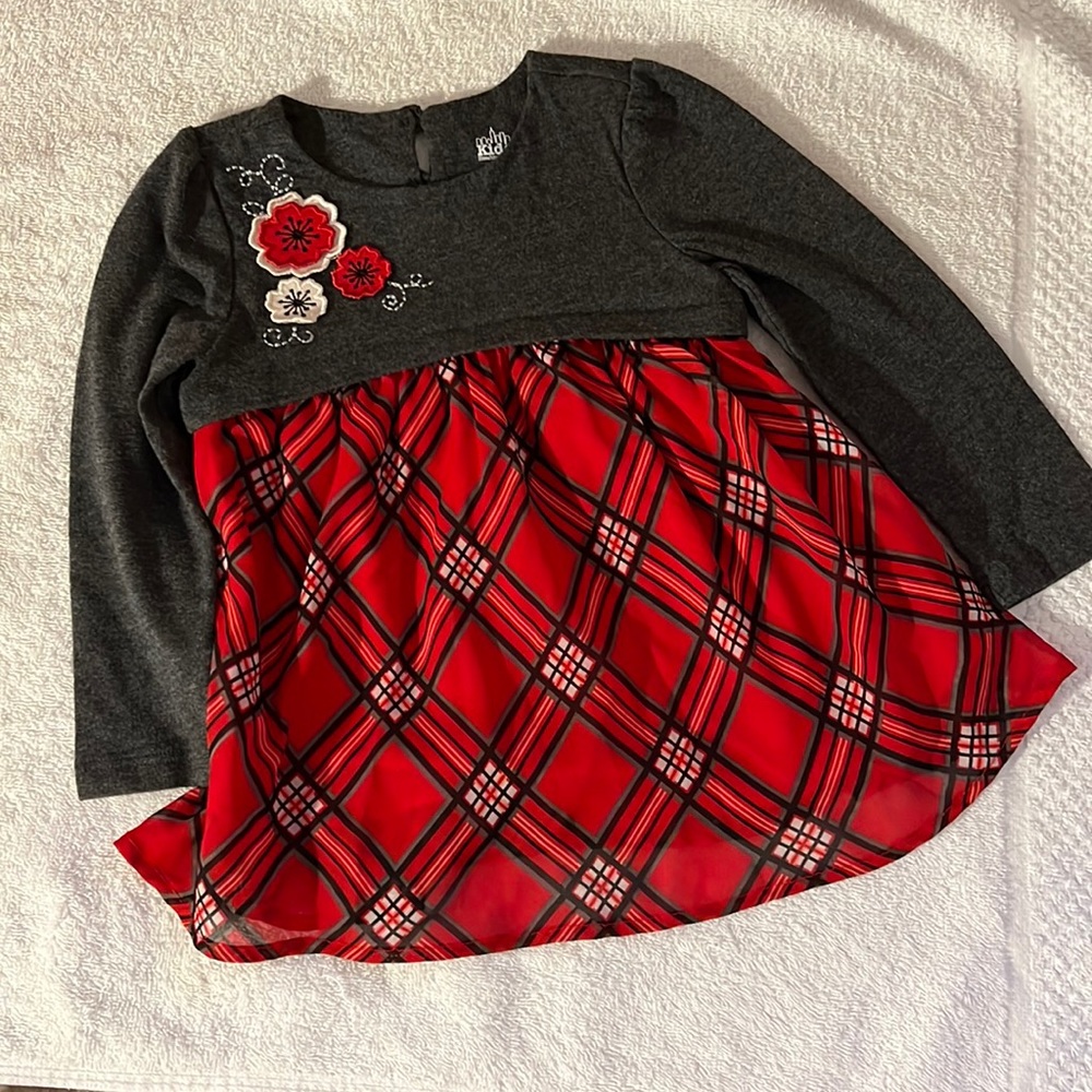 Kids Headquarters Tartan Plaid Lined Dress Flower Appliqué Sheer Skirt Holiday